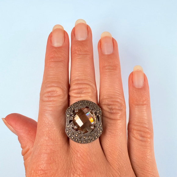 Art Deco Revival 5.5 CT Champagne Orange Quartz & Marcasite Sterling Silver Ring - Picture 9 of 12